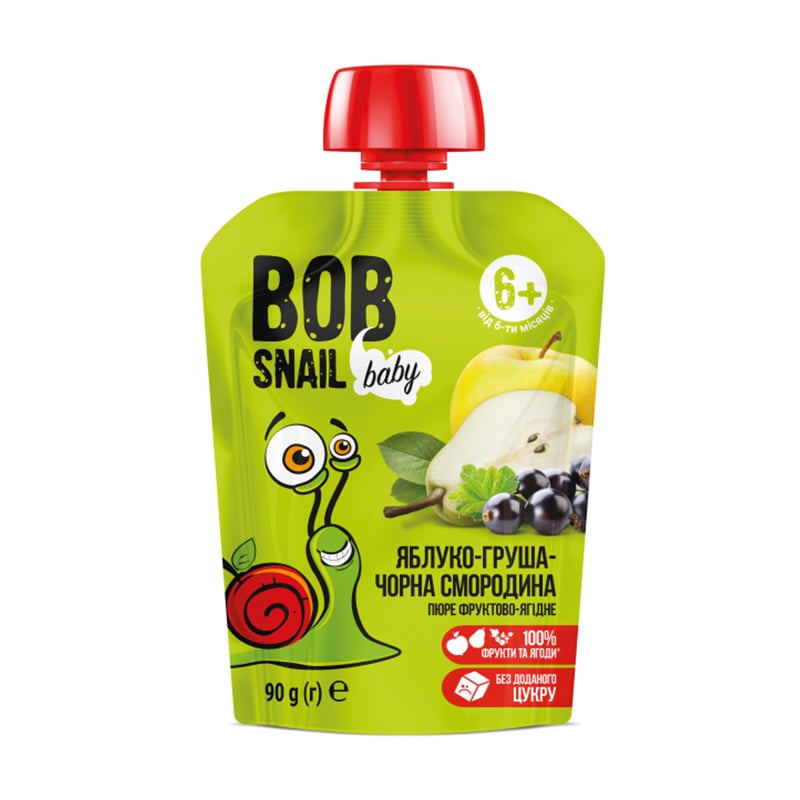 Фруктове-ягідне пюре Bob Snail Яблуко-груша-чорна смородина, від 6 місяців, 90 г